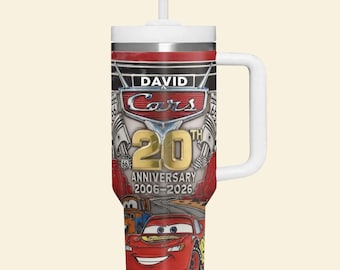 Personalized Disney Cars 20th Anniversary Tumbler 2006-2026, Custom Lightning McQueen Insulated Cup Gift for Him
