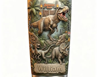 Personalized Dinosaur Tumbler | Custom T-Rex & Raptor Stainless Steel Insulated Cup | Unique Prehistoric Gift for Dino Lovers, Birthday