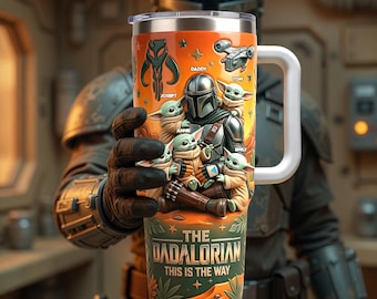 Personalized Dadalorian Tumbler with Kids Names - Custom Mandalorian Grogu Dad Tumbler with Handle - Unique Father's Day Gift