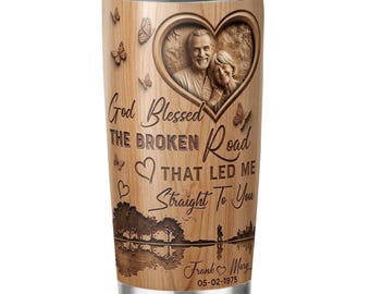 Personalized Couple Photo Tumbler | Custom God Blessed Broken Road Tumbler | Anniversary Wedding Gift for Him Her