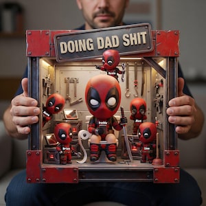 Könnte beinhalten: Ein rechteckiger Schaukasten mit rotem Metallrahmen und der Aufschrift DOING DAD SHIT. Im Inneren sind sechs Deadpool-ähnliche Figuren in einer Werkstatt angeordnet. Eine Figur sitzt auf einer Toilette mit der Aufschrift Daddy, umgeben von Figuren namens Kevin, Anna, Brian, Alex und Lisa.
