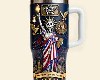 Personalized 40oz Patriotic Tumbler with Handle | Custom Jack Skellington Style Liberator Cup | American Flag Insulated Mug Gift