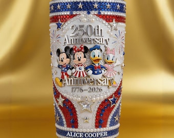 Personalized 250th USA Anniversary Tumbler, Disney Patriotic Mickey Minnie Donald Daisy 20oz Stainless Steel Gift for Patriots