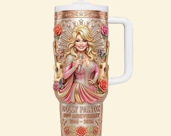 Personalized Dolly Parton Tumbler, 80th Anniversary Country Queen Gift, Vintage Music Legend Insulated Cup with Handle for Her