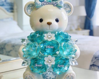 Personalized Toile de Jouy Bear Acrylic Plaque for Mom | Custom Mother's Day Gift | Unique Mom Gift from Kids