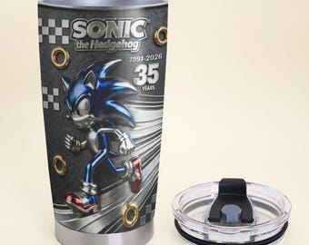 Personalized Sonic 35th Anniversary Tumbler, Custom Insulated Stainless Steel Cup for Gamers & Video Game Fans