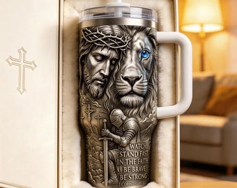 Personalized Jesus and Lion 40oz Tumbler with Handle | Custom Christian Religious Gift for Men Women, Bible Verse Insulated Cup