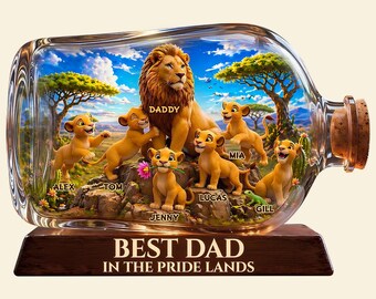 Personalized Lion King Dad Acrylic Plaque, Custom Kids Names Pride Lands Bottle Shape Gift for Father's Day, Best Dad Birthday Gift