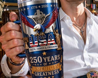 Custom Patriotic 40oz Tumbler with Handle | Personalized Faith Family Freedom USA Eagle Cup | Gift for Veterans & American Patriots