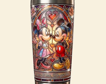 Personalized Mickey Minnie Tumbler, Custom Disney Couple Stained Glass 20oz Tumbler, Romantic Gift for Anniversary, Valentine's Day, Wedding