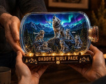 Personalized Wolf Dad & Kids Acrylic Plaque, Custom Wolf Pack Gift for Father, Dad and Children Name Plaque, Aurora Borealis Night Light