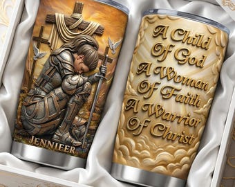 Personalized Kneeling Knight Woman Tumbler, Custom Christian Faith Warrior Cup, Stainless Steel Religious Gift for Her, Prayer Travel Mug