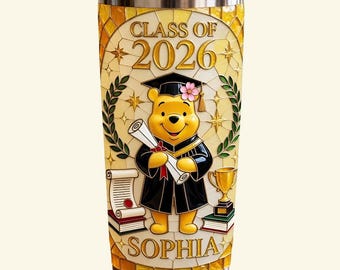 Personalized Graduation Tumbler, Custom Class of 2026 Gift for Graduate, Winnie Pooh Stainless Steel Insulated Cup for Student
