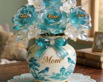 Personalized Toile De Jouy Mother Acrylic Plaque, Custom Floral Blue Rose Gift for Mom, Unique Mother's Day Home Decor