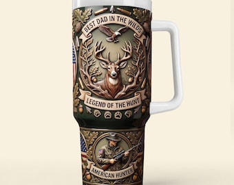 Personalized 40oz Tumbler with Handle, Custom Deer Hunter Gift for Dad, Insulated Stainless Steel Mug, Best Dad In The Wilds Outdoorsman