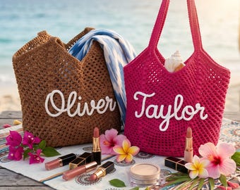 Personalized Crochet Beach Tote, Custom Cotton Summer Bag, Handmade Vacation Tote, Bridesmaid Gift Bag, Boho Travel Shoulder Bag
