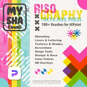 Op de afbeelding: Een digitale productafbeelding voor My Sha Kawaii Risography Tokyo Riso Press met 100+ penselen voor HiPaint. Het ontwerp bevat kleurrijke verticale strepen, geometrische vormen en een lijst met hulpmiddelen zoals schetsen, lijnen en texturen.