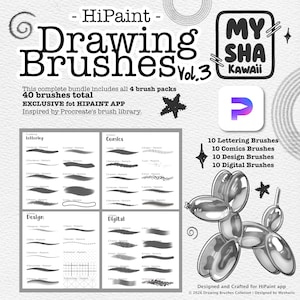 Könnte beinhalten: Eine digitale Produktwerbung für HiPaint Drawing Brushes Vol. 3 mit 40 Pinseln in vier Kategorien: Lettering, Comics, Design und Digital. Die Grafik enthält den Text HiPaint Drawing Brushes Vol. 3, My Sha Kawaii und eine Illustration eines Ballonhundes.