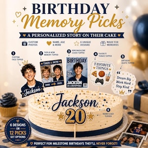 Pode incluir: Um conjunto de topos de bolo de aniversário personalizados com um recorte de rosto, um cartão de fotos de antes e depois, um design de capa de revista, um gráfico de coisas favoritas, um cartão de citação e um topo de nome e idade.