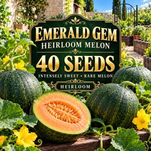 May include: A rectangular sign with dark green background and gold text reading Emerald Gem Heirloom Melon 40 Seeds Intensely Sweet Rare Melon Heirloom, surrounded by dark green melons and yellow flowers in a garden setting.