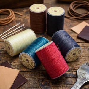 Puede incluir: Múltiples carretes de hilo encerado en rojo, azul verdoso, crema, azul oscuro y marrón, dispuestos con tres agujas de coser de metal, tiras de cuero enrolladas, muestras de cuero y una herramienta de metal. Cada carrete tiene una etiqueta.