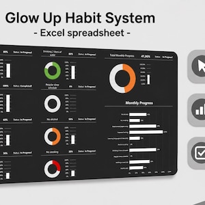 Może przedstawiać: Cyfrowy pulpit nawigacyjny Glow Up Habit System w arkuszu kalkulacyjnym Excel z ciemnym interfejsem, kolorowymi kolistymi pierścieniami postępu, wykresami słupkowymi i menu bocznym. Tekst zawiera Glow Up Habit System, Interactive Sidebars i Progress charts.