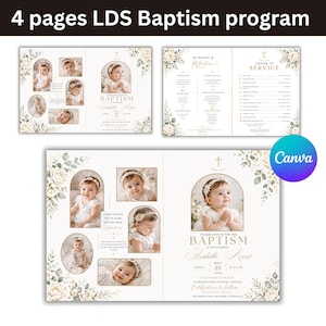 Modèle de programme de baptême, toile modifiable, faire-part de baptême SDJ, livret de baptême fille, fleurs blanches, ordre de service, téléchargement immédiat