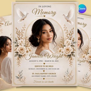 May include: A funeral programme template featuring a portrait of a person in a circular frame, surrounded by beige floral illustrations and two white doves. Text includes IN LOVING MEMORY, Janelle Wright, August 5, 1990 - March 30, 2015.
