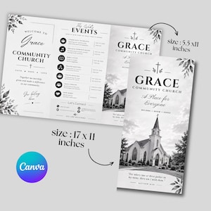 Könnte beinhalten: Eine schwarz-weiße dreifach gefaltete Kirchenbroschürenvorlage mit dem Text Grace Community Church, Veranstaltungskalendern und einem Kirchenbild. Die Broschüre zeigt Maße von 5,5 x 11 Zoll und 17 x 11 Zoll. Ein Canva-Logo ist sichtbar.