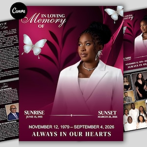 Może przedstawiać: Szablon programu pogrzebowego z głębokim karmazynowym tłem i grafikami białych motyli. Projekt zawiera tekst IN LOVING MEMORY OF, SUNRISE JUNE 15, 1955, SUNSET MARCH 28, 2026 oraz ALWAYS IN OUR HEARTS, wraz z centralnym miejscem na zdjęcie portretowe.