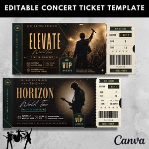 Pode incluir: Dois modelos de bilhetes de concerto editáveis em preto e dourado. O bilhete superior mostra um cantor no palco com o texto ELEVATE World Tour. O inferior mostra um guitarrista com o texto THE HORIZON World Tour. Ambos incluem acesso VIP, códigos de barras e detalhes do evento.