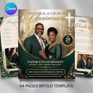May include: A four-page bifold template for a pastoral and church anniversary featuring a dark green and gold colour scheme. The cover displays a couple, Pastor Ethane Bennett and First Lady Sophie Bennett, with text reading 25 Years and New Beginnings Worship Center.