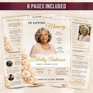 Puede incluir: Una plantilla de programa funerario con el retrato de una persona mayor de cabello gris, texto dorado In Loving Memory y detalles florales. El diseño incluye secciones para detalles del servicio, agradecimientos y fotos en ocho páginas.
