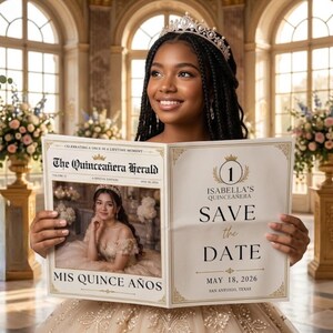 May include: A printed newspaper-style announcement titled The Quinceañera Herald, featuring a photo of a person in a formal gown and tiara. The text reads Isabella's Quinceañera, Save the Date, May 18, 2026, San Antonio, Texas, and Mis Quince Años.