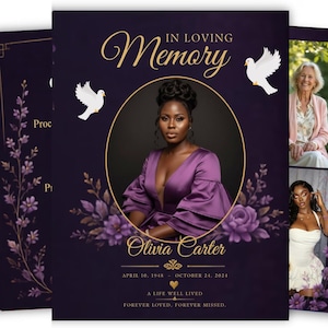 May include: A funeral program template featuring a deep purple background with gold text reading In Loving Memory, Olivia Carter, April 10, 1948 - October 24, 2024, and A Life Well Lived. It includes white dove illustrations, purple floral accents, and a central circular photo frame.