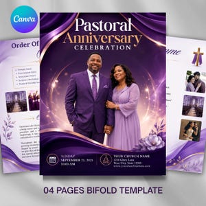 May include: A four-page bifold template for a Pastoral Anniversary Celebration. The design features deep purple and gold accents, a central photograph of a couple, and text including the event date, September 21, 2025, and church details.