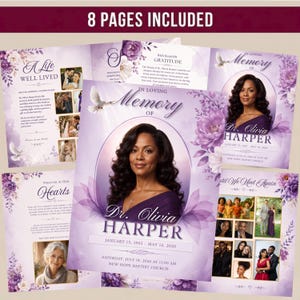Può includere: Un set di 8 pagine per programma funebre con accenti floreali viola e colombe bianche. La copertina mostra un ritratto della Dr.ssa Olivia Harper con il testo In Loving Memory of Dr. Olivia Harper, 15 gennaio 1965 - 12 maggio 2026.