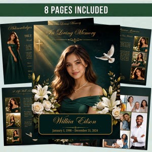 Op de afbeelding: Een 8-pagina tellend uitvaartprogramma-sjabloon met een donkergroen en goud thema. De omslag toont een portret van een persoon in een groene jurk, witte lelies, een duif en de tekst In Loving Memory, Willia Eilson, 1 januari 1990 – 31 december 2024.
