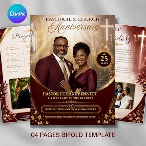 Mall för jubileumsprogram för pastoral, kyrkobulletin i vinröd och guld, redigerbar Canvas-flyer för firande av uppskattning av pastoral
