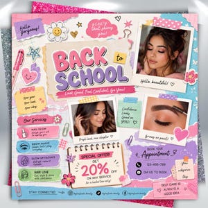 May include: A digital flyer titled Back to School featuring pink and purple collage elements, two photos of a person, a close-up of an eyebrow, service lists, a 20% off special offer, and contact information with the text Hello gorgeous and Book Your Appointment.