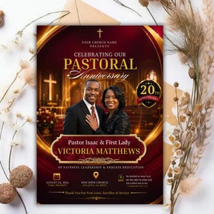 Peut inclure: Un dépliant rectangulaire pour un 20e anniversaire pastoral montrant un homme en costume et une femme en veste noire. Le design présente des tons rouge profond et or, une icône de croix et le texte Pastor Isaac & First Lady Victoria Matthews.