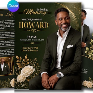 Può includere: Un modello di programma funebre con sfondo verde scuro, dettagli dorati, rose bianche e il ritratto di un uomo in abito scuro. Il testo include In Loving Memory, Marcus Jermaine Howard, 12 P.M., 8 febbraio 1950 - 11 dicembre 2026.