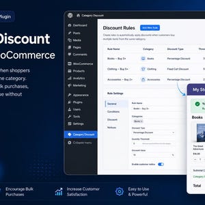 May include: A digital interface for a Category Discount Plugin for WooCommerce. The screen displays a dashboard with Discount Rules, rule settings, and a store checkout view showing a 10% discount applied to a book purchase subtotal.
