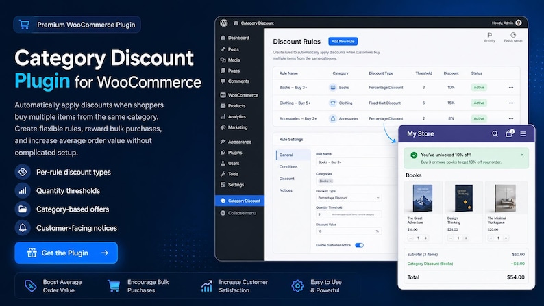 May include: A digital interface for a Category Discount Plugin for WooCommerce. The screen displays a dashboard with Discount Rules, rule settings, and a store checkout view showing a 10% discount applied to a book purchase subtotal.