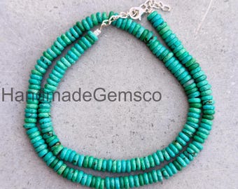 Arizona Turquoise Rondelle Necklace 6mm, Smooth Gemstone Jewelry, Sterling Silver Clasp, Handmade Boho Crystal Beaded Necklace