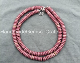 Pink Rhodonite 6mm Rondelle Beaded Necklace | Natural Gemstone Jewelry | Sterling Silver Clasp | Boho Minimalist Dainty Layering Necklace