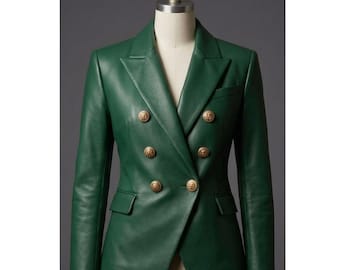 Smaragdgroene blazer van echt leer dames | Double-breasted jasje met gouden knopen | Op maat gemaakte statement blazer elegante kantoor- en feestjas