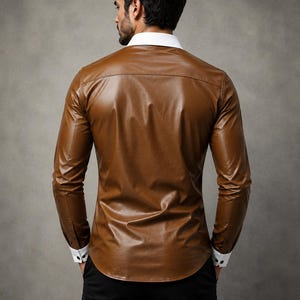 Może przedstawiać: Koszula z długim rękawem zapinana na guziki, wykonana z gładkiego brązowego materiału imitującego sk&oacute;rę, z usztywnianym białym kołnierzykiem i białymi mankietami z dwoma czarnymi guzikami na każdym rękawie. Koszula wpuszczona w czarne spodnie, widok z tyłu.