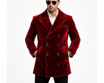 Men's Red Velvet Peacoat Jacket, Double Breasted Velvet Coat, Luxury Winter Blazer, Formal Evening Wear, Stylish Mens Outerwear
