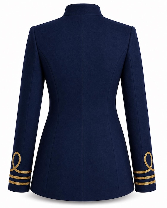 navy blue dress jacket womens Women's Military Style Blazer | Gold Button Formal Coat Business casual